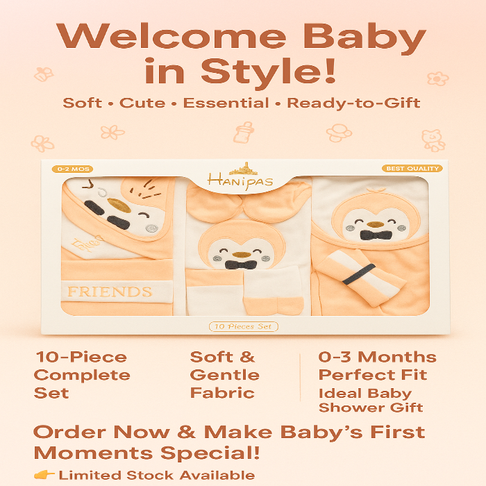 Baby product set packaging with cartoon characters on a peach background, featuring text about the product's features and benefits.