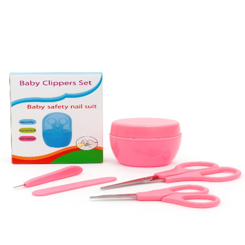Baby clippers set with pink container, scissors, and nail clipper on a white background