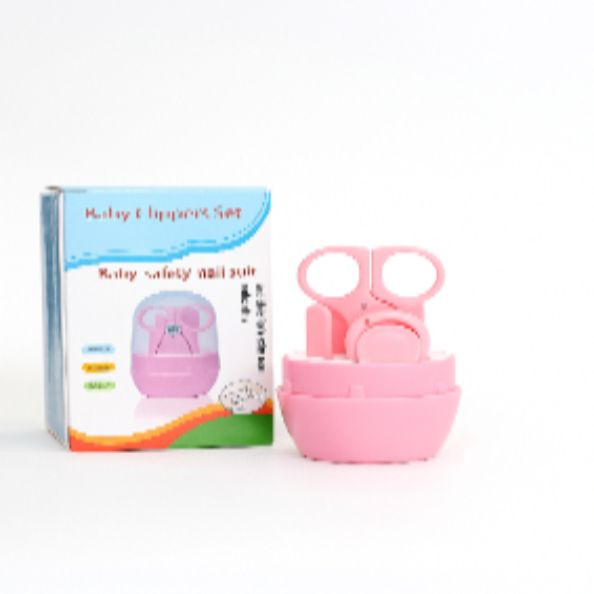 Pink baby nail clippers set with packaging on a white background
