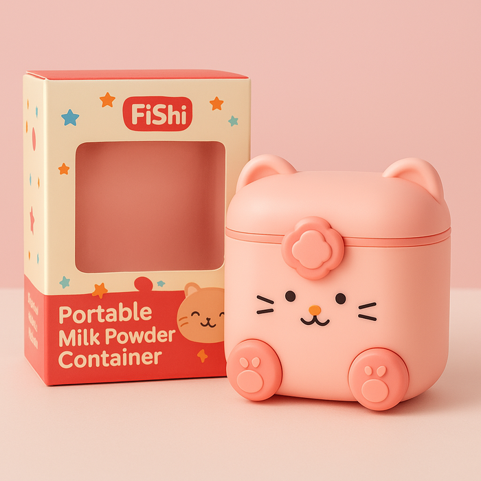 Pink cat-shaped portable milk powder container with packaging on a pink background