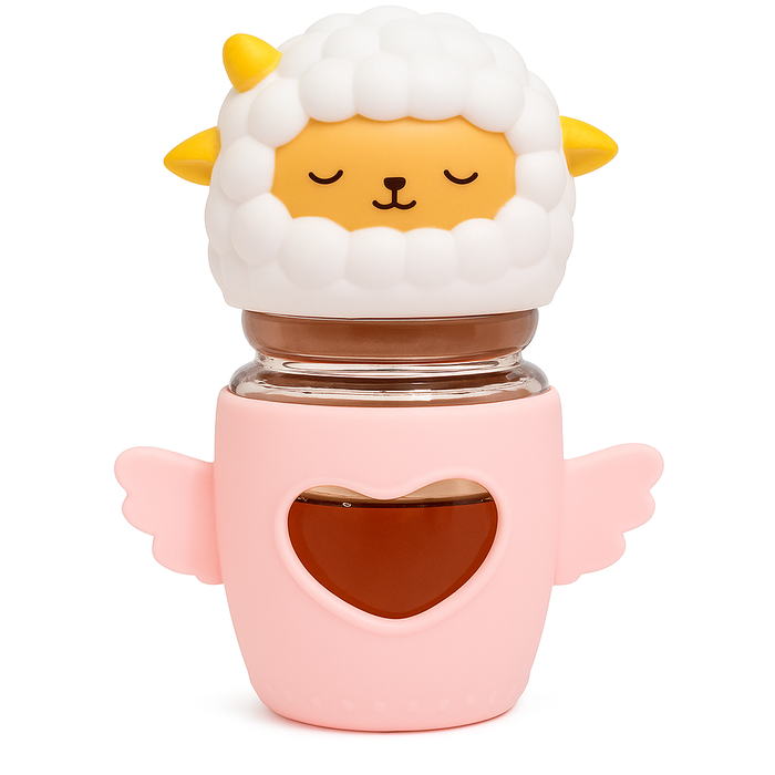 Pink container with a lamb design on a white background
