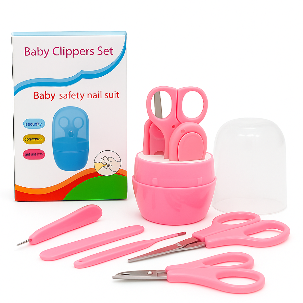 Baby safety nail suit with pink container and tools on a white background