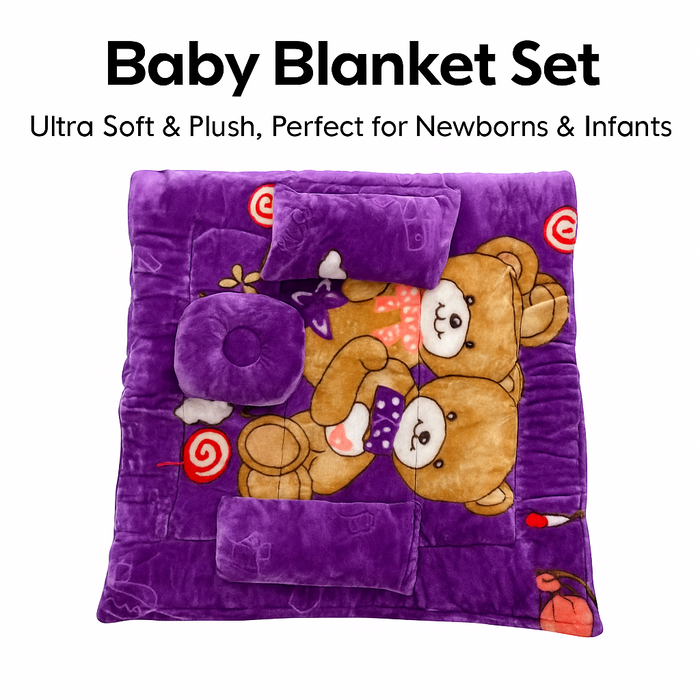 Purple baby blanket with teddy bear design on a white background