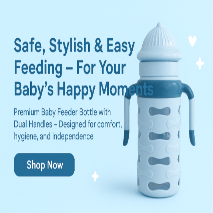 Baby feeder bottle with text on a blue background