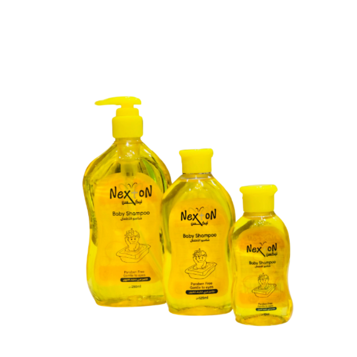 Three bottles of Nexxon baby shampoo on a white background