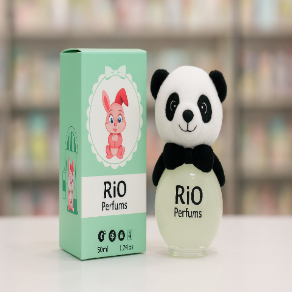 Rio Perfumes bottle and packaging on a table with a blurred background