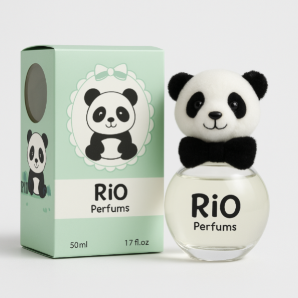 Rio Perfumes panda-themed bottle and packaging on a white background