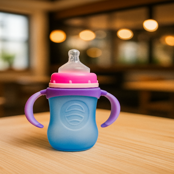 Colorful sippy cup with pink top and purple handles on a wooden table.