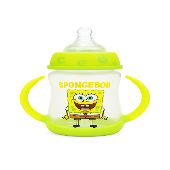 Sippy cup with SpongeBob SquarePants design on a white background
