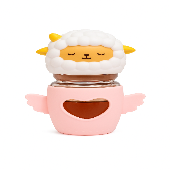 Pink container with a sheep-shaped lid on a white background