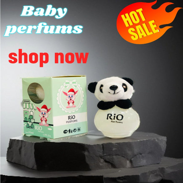 Rio baby perfume with packaging on a dark surface, featuring a 'Hot Sale' banner.