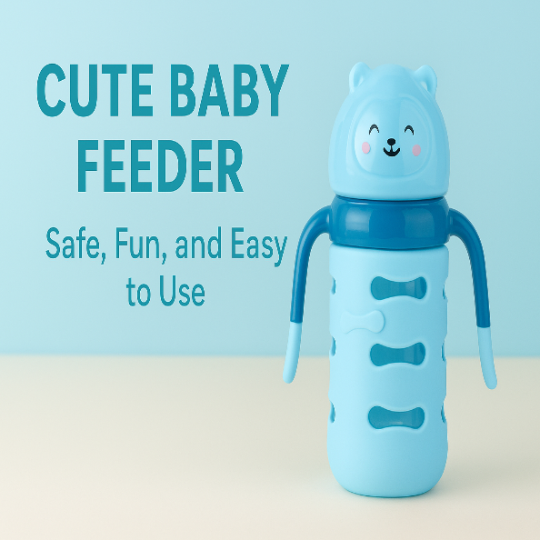 Blue baby feeder with bear design on a light blue background