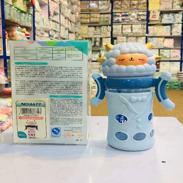 Children's cup with cartoon design and packaging in a store setting