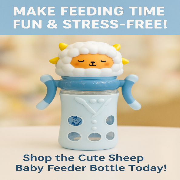 Baby feeder bottle shaped like a sheep with text promoting a fun and stress-free feeding experience.