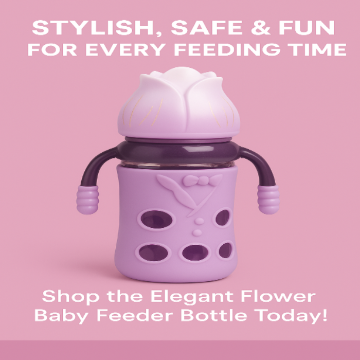 Purple baby feeder bottle with floral design on a pink background