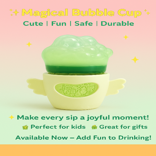 Green bubble cup with text on a gradient background