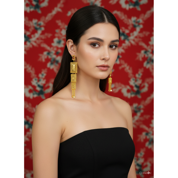 Woman wearing gold earrings with a red floral background